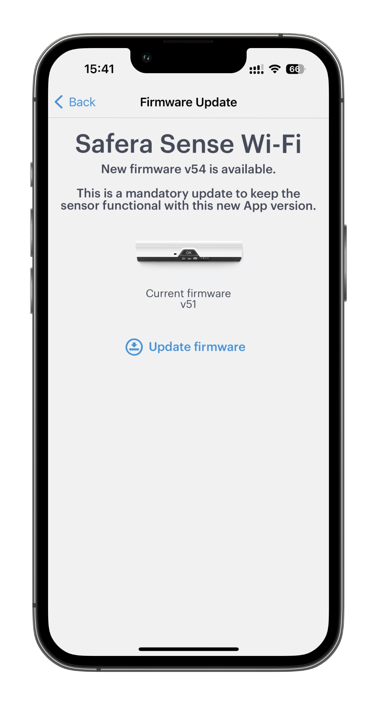 Safera App auf einem Smartphone mit Gerätestatus und Firmware-Update