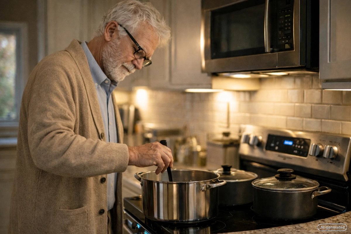 elderly man cooking a meal on an induction hob is a warmly-lit kitchen