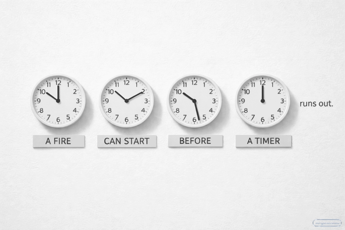 A row of four white wall clocks displaying different times, with text underneath: ‘A fire can start before a timer runs out’