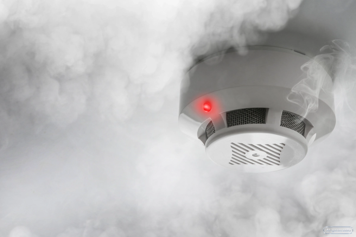 Fire alarm system detector on ceiling triggered by smoke