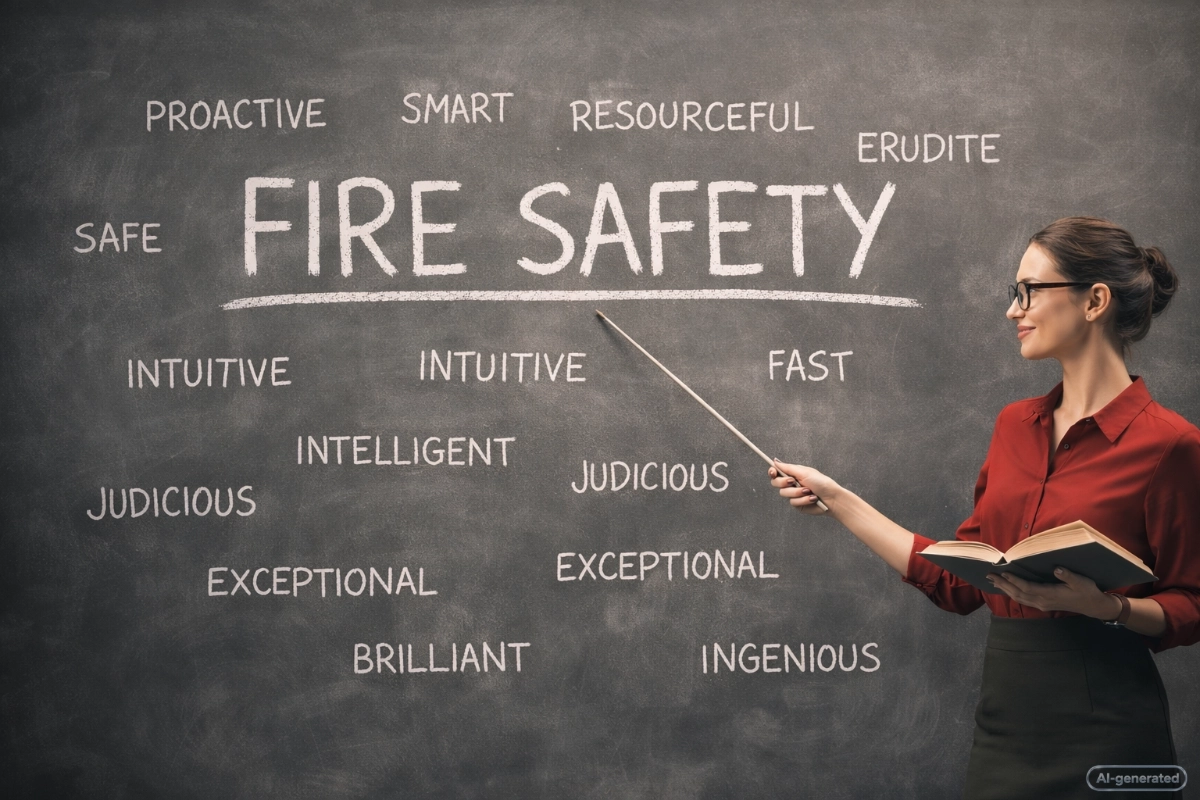 teacher in a red shirt and glasses pointing to a chalk board that features topics relating to fire safety